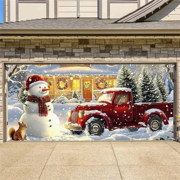 Snowman & Red Truck Christmas Garage Door Cover - Large Winter Holiday Decor